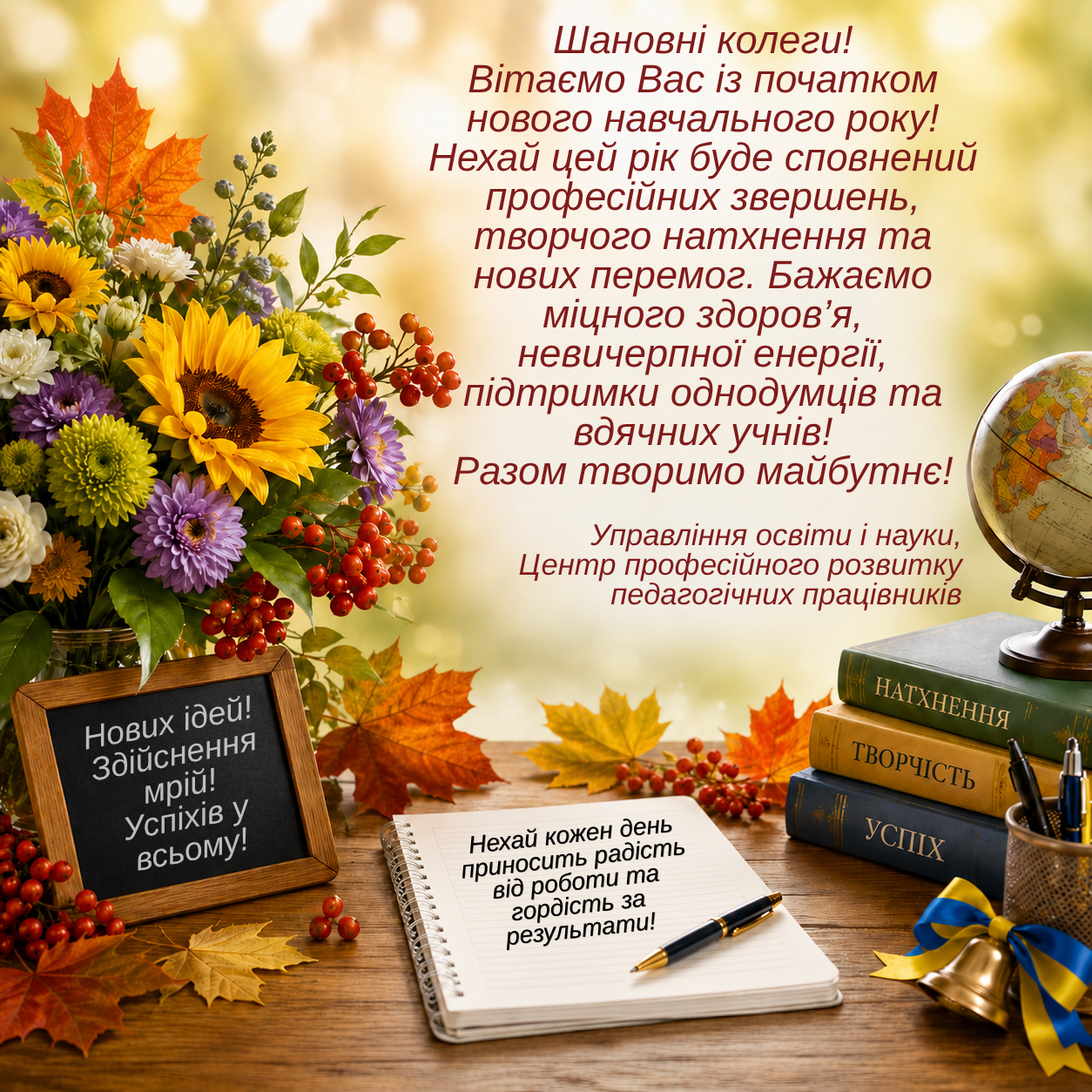 Шановні колеги Вітаємо вас із початком нового року! Нехай цей рік буде сповений професійних звершень, творчого натхнення та нових перемог. Бажаємо міцного здоров’я, невичерпної ене
